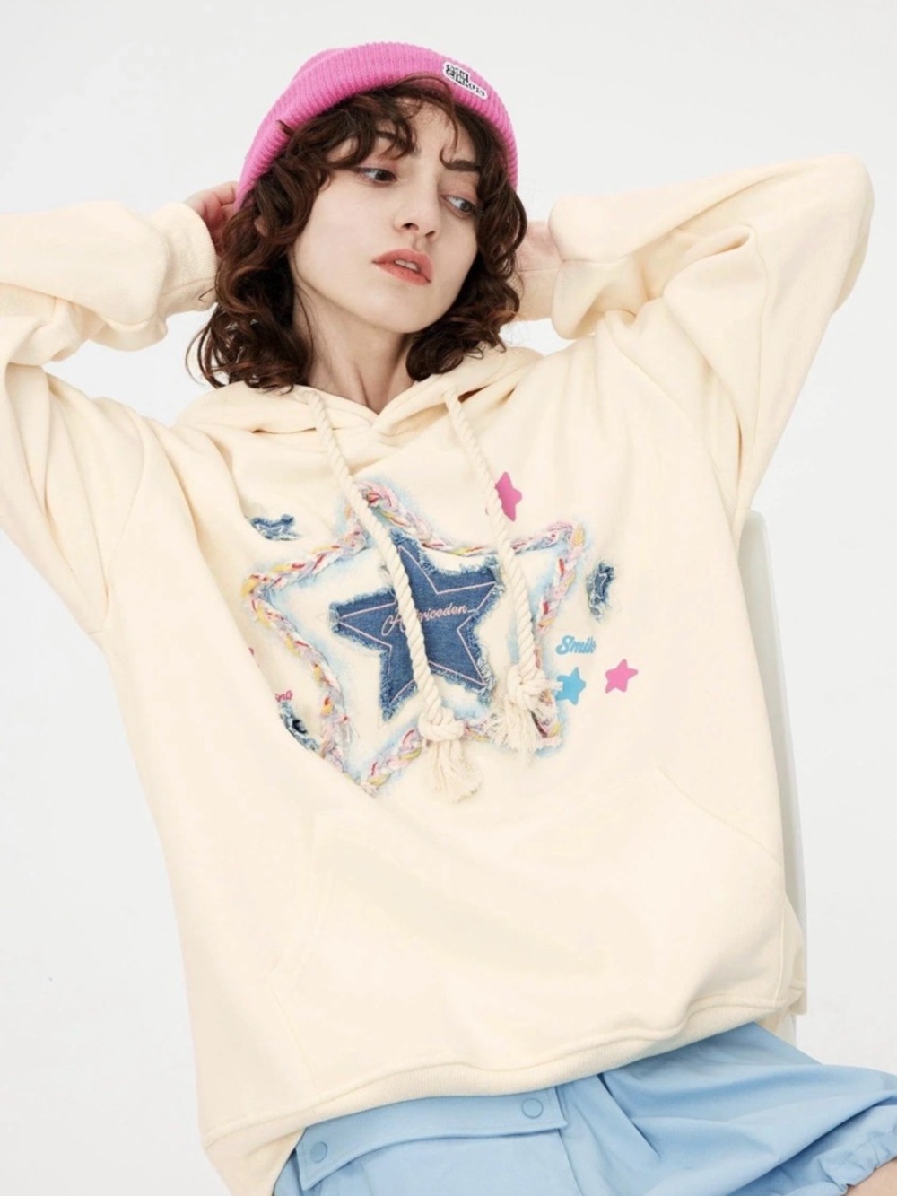 Women's AELFRIC EDEN Denim Star Embroidery Multicolor NWT Hoodie- Medium